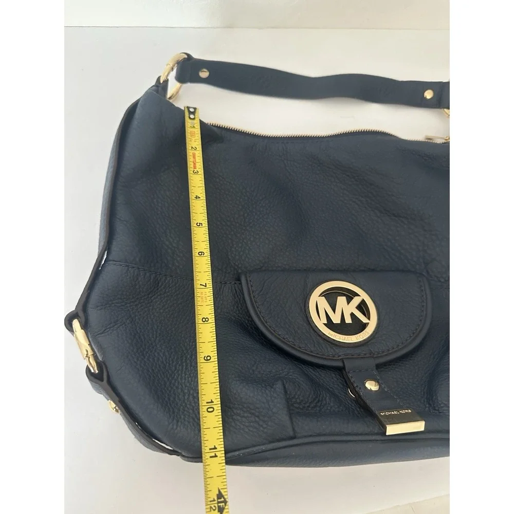 Michael Kors Fulton Large Hobo Shoulder Bag Navy Blue Pebbled Leather Gold MK